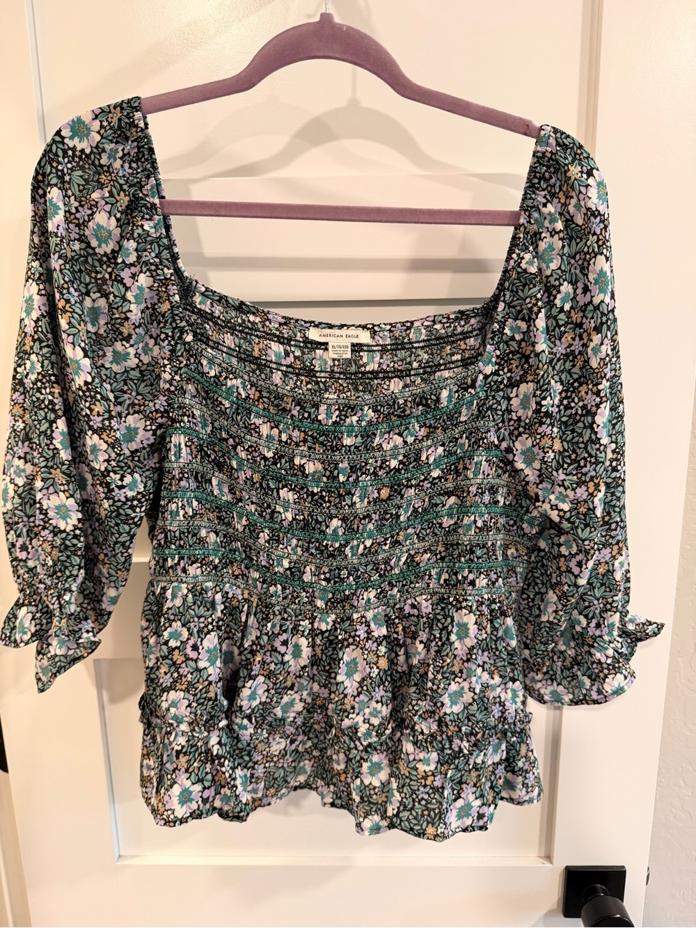 Smocked Floral Square-Neck Top in Teal & Black